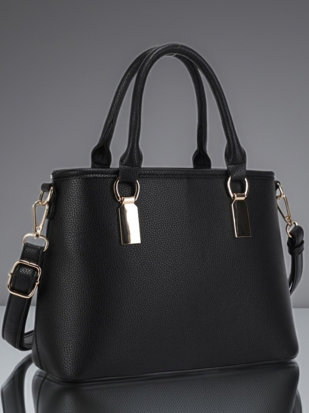 Structured Black Tote Bag with Gold Hardware